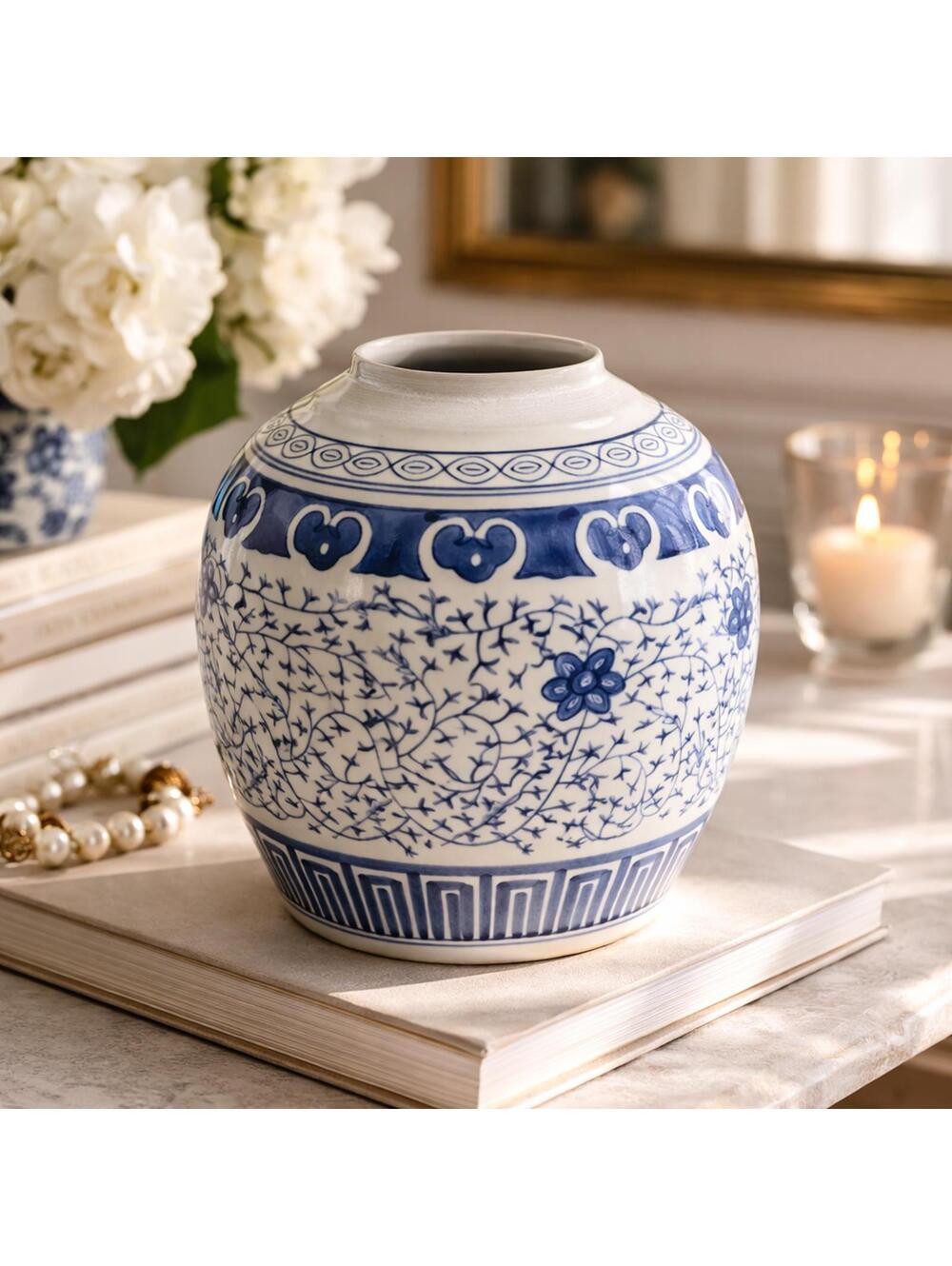 Blue White Chinoiserie Ginger Jar No Lid Floral Jiaqing Mark Decorative Vase